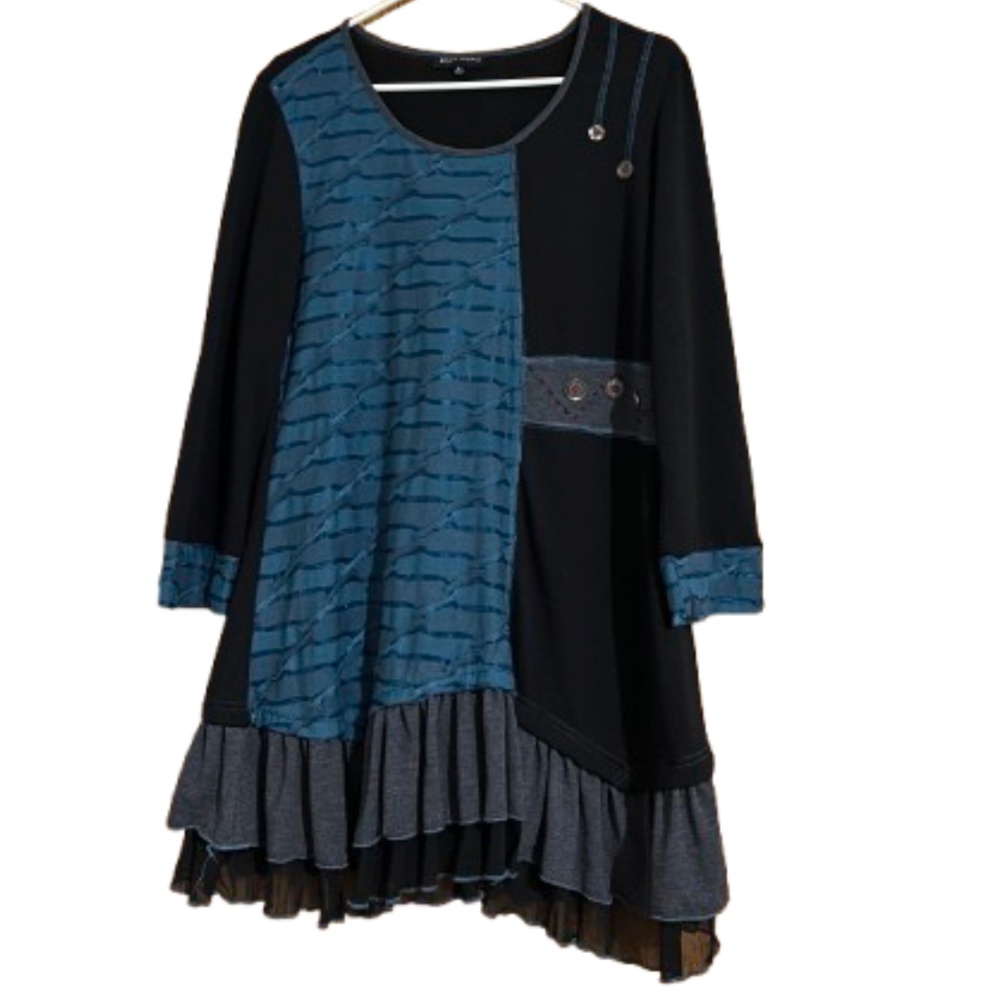 Ronnie Salloway Women’s Black Multi Artwork Cutesy Peplum Tunic Top Sz-M